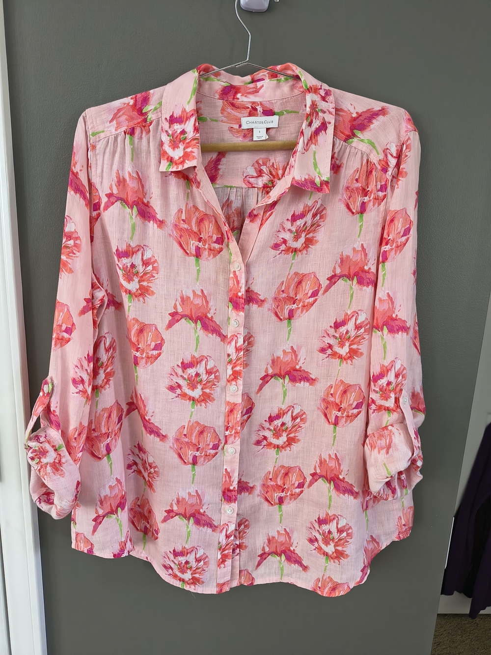 Charter Club 100% Linen Floral Button Down Shirt Roll Tab Blouse